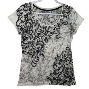 Y2K Women's embellished short sleeve top black scroll glitter print